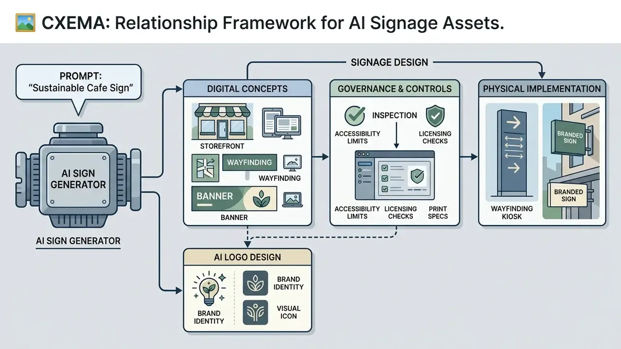 Diagram showing the progression from text prompts to digital design concepts and physical signage deployment