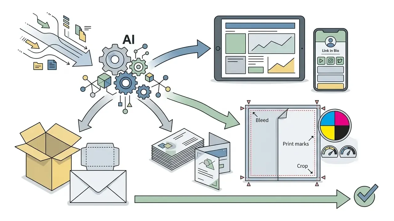 Central AI processing hub converting digital inputs into diverse print-ready layouts and mobile assets