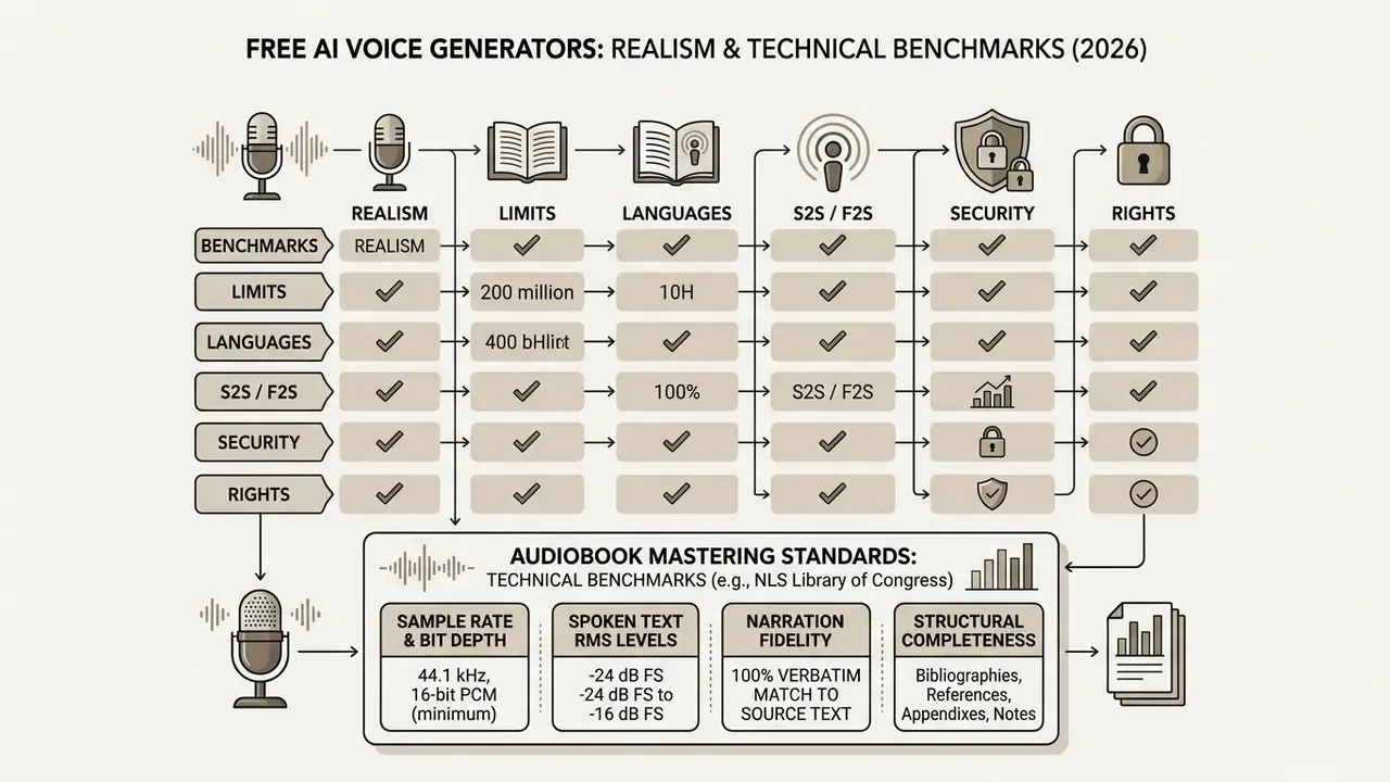 Table comparing AI voice generator criteria with technical standards for audiobook mastering