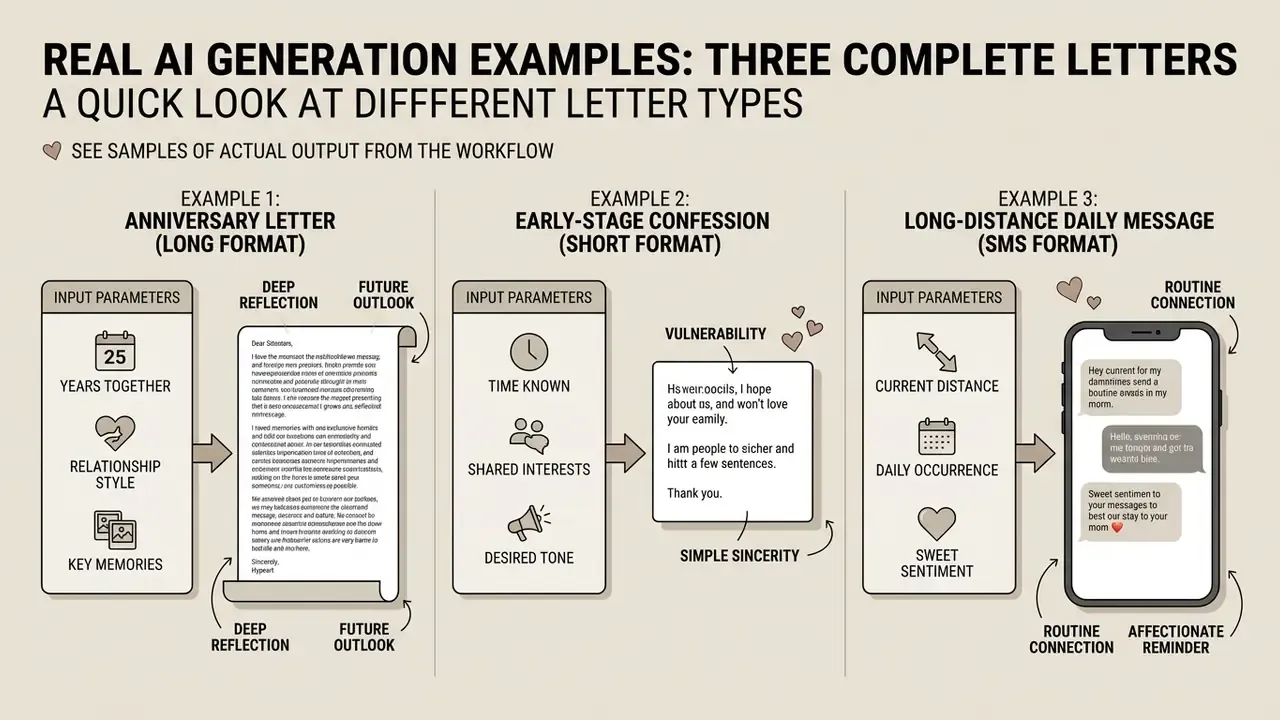 Three comparative examples showing input parameters and generated outputs for different romantic messages