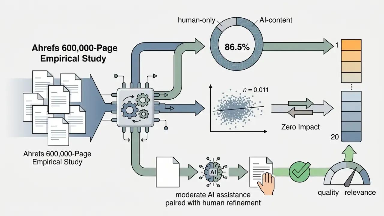 Data flow showing study results on AI content usage, ranking correlation, and human-refined quality metrics