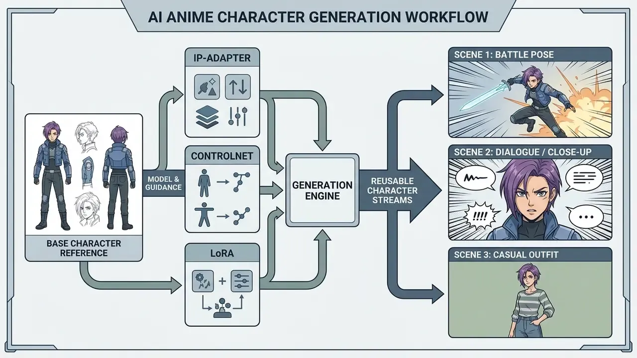 Process map showing how a base character reference is transformed into various scenes via model tools