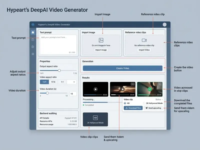 Annotated software dashboard featuring text prompts, media upload zones, aspect ratio sliders, and output previews