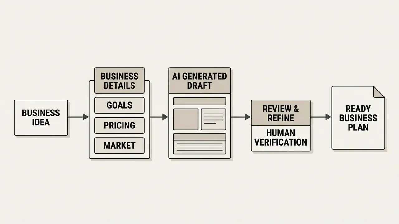 Step-by-step diagram showing how an ai business plan generator transforms an idea into a final document