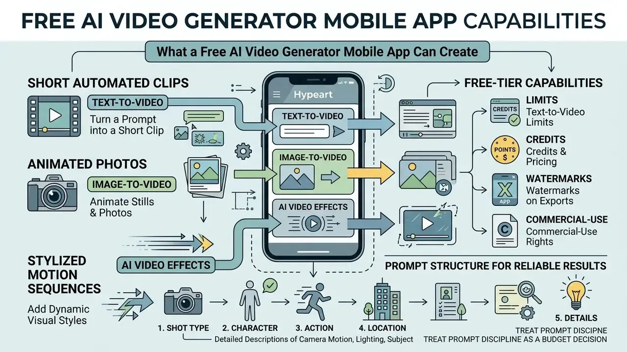 Infographic showing how a free AI video generator mobile app creates clips from text and images