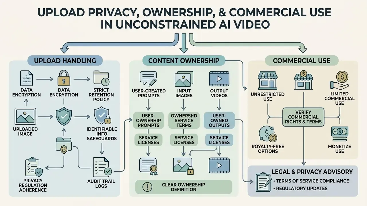 Flowchart mapping data handling, content ownership, and commercial use for AI video generation services