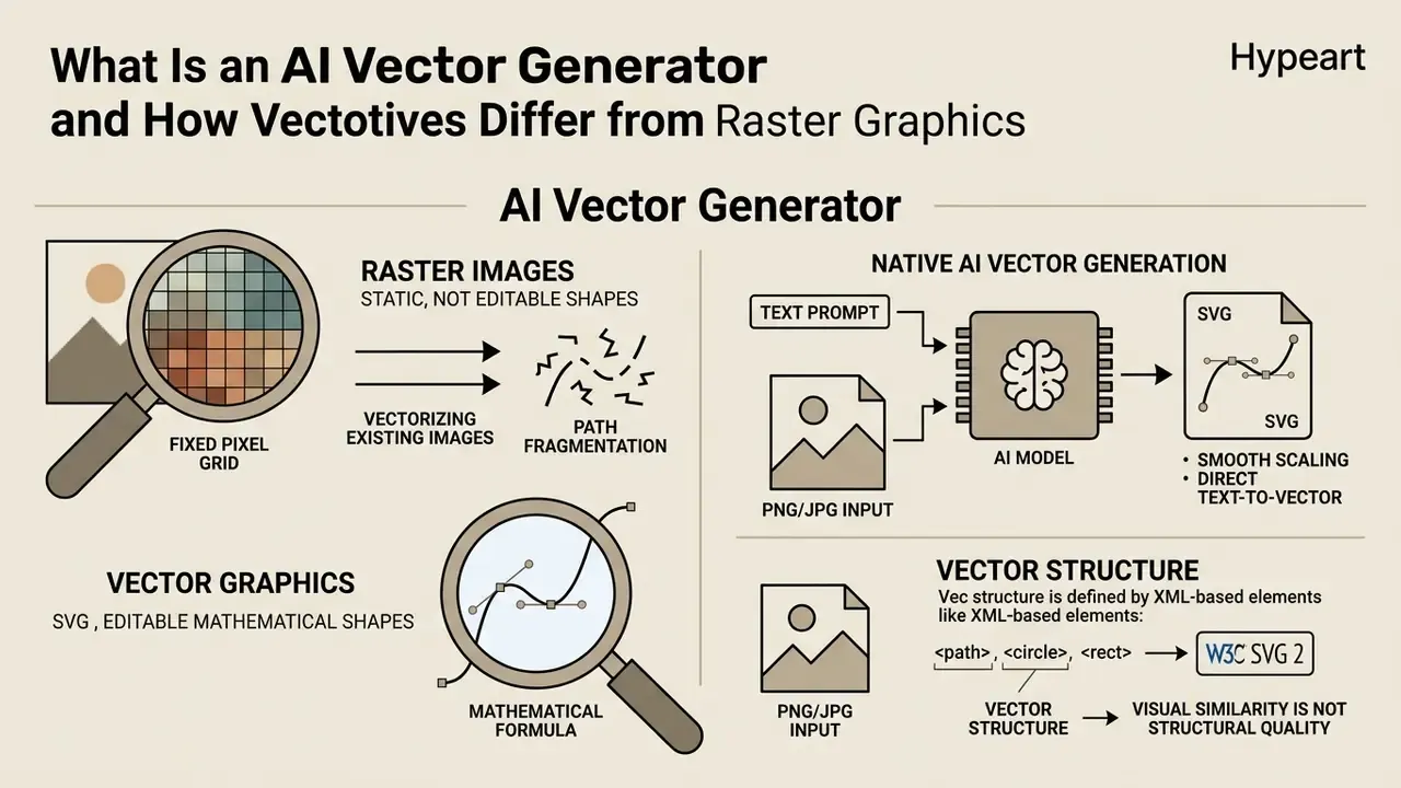 Diagram contrasting pixel-based raster images with mathematical vector graphics and AI generation methods