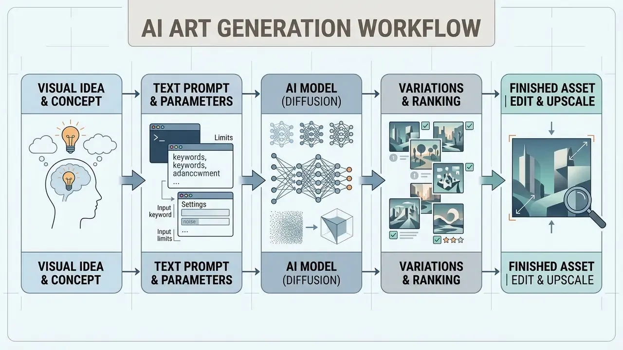 Diagram illustrating the sequence from initial concept to text prompts, model processing, and final output