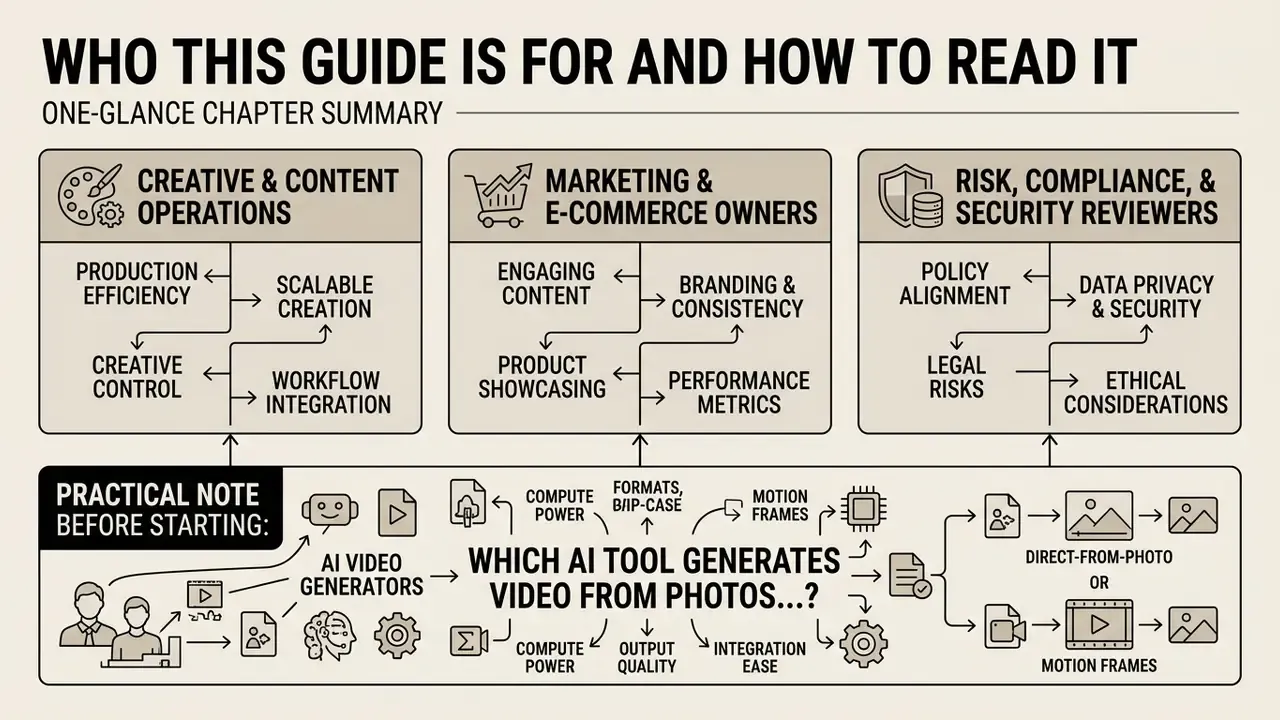 Infographic outlining three target audiences and a workflow for choosing an AI video generator