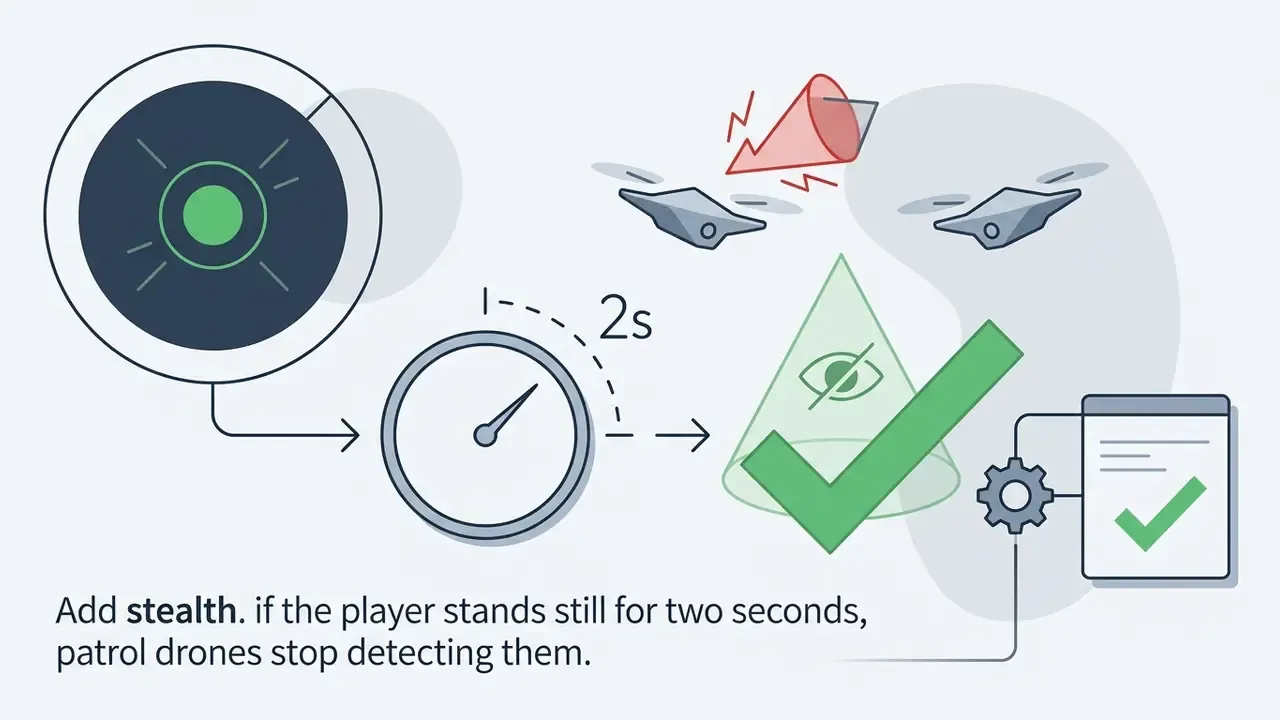 Timer icon showing two seconds passing to deactivate drone detection cones and enable player stealth