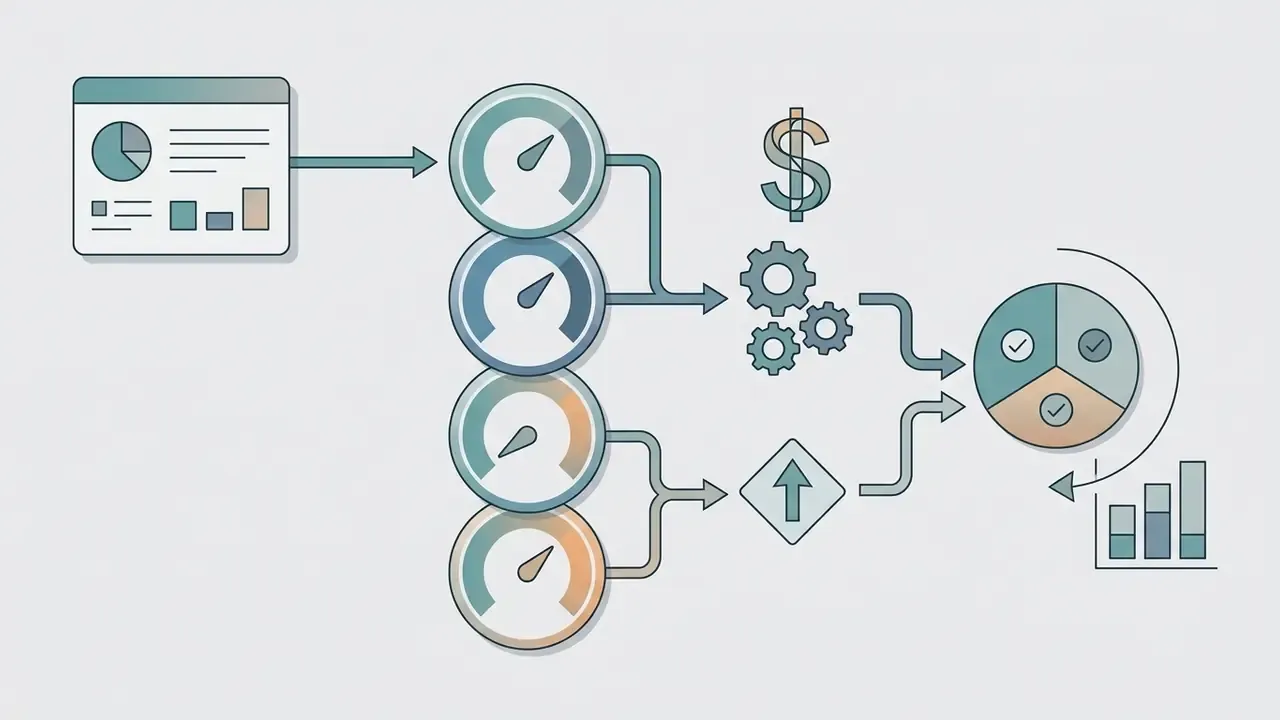 Dashboard data feeding into multiple gauges that route through cost and process icons to a final report