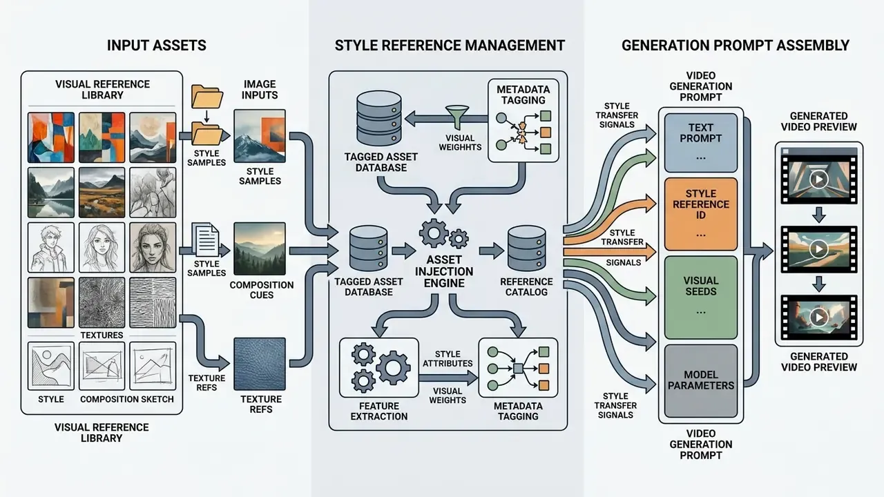 Flowchart depicting the process of injecting visual reference library assets into AI generation prompts