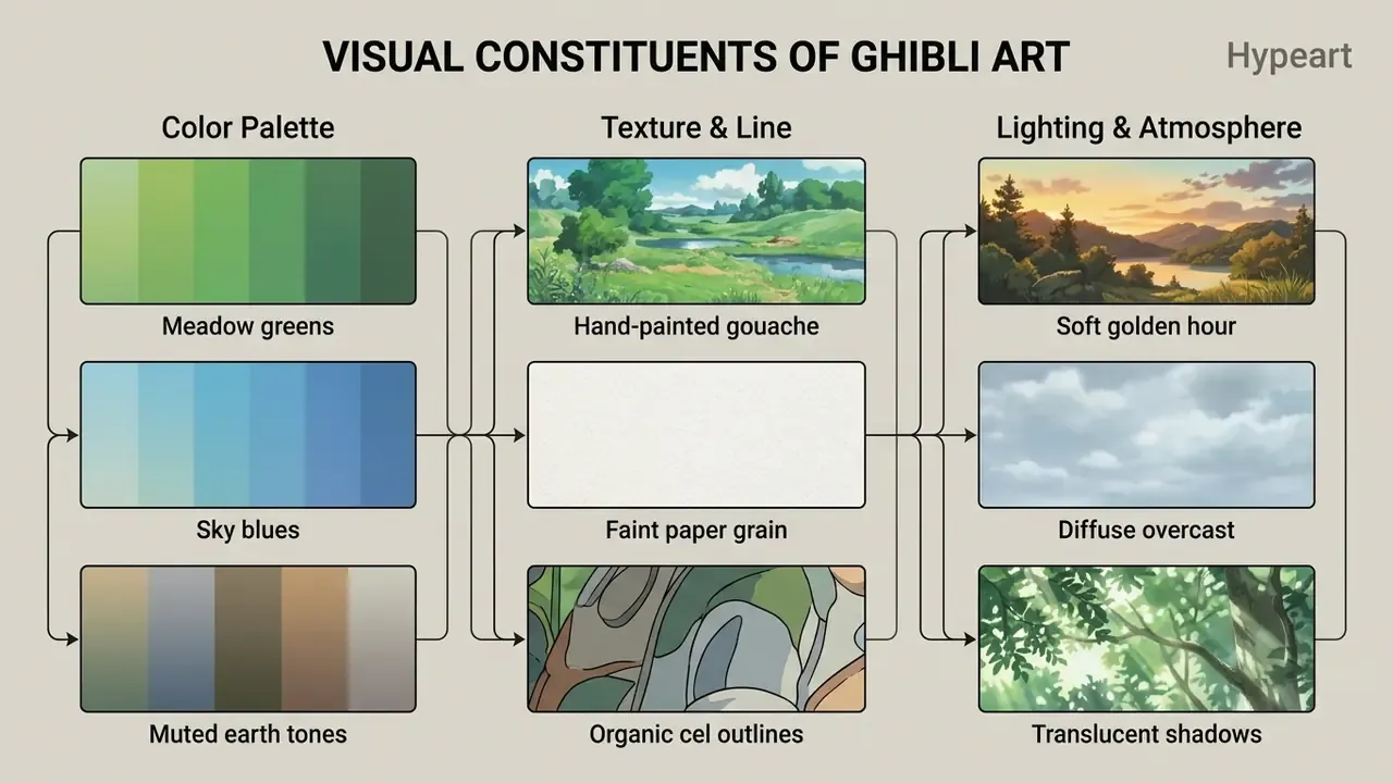 Grid of color swatches, textures, and lighting examples defining the aesthetic of Ghibli style art