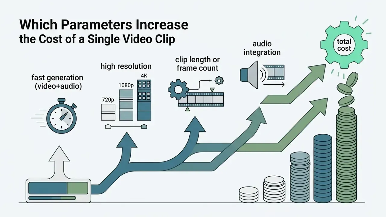 Arrows connecting generation parameters like resolution and audio to a rising stack of coins