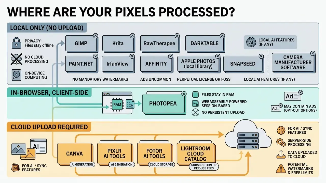 Diagram categorizing photo editors by whether they process files locally, in-browser, or via cloud upload