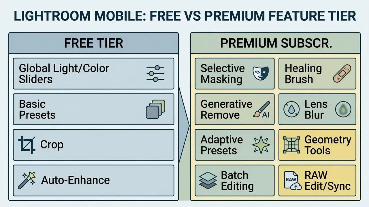 Comparison table listing Lightroom Mobile features available in the free tier versus the premium subscription