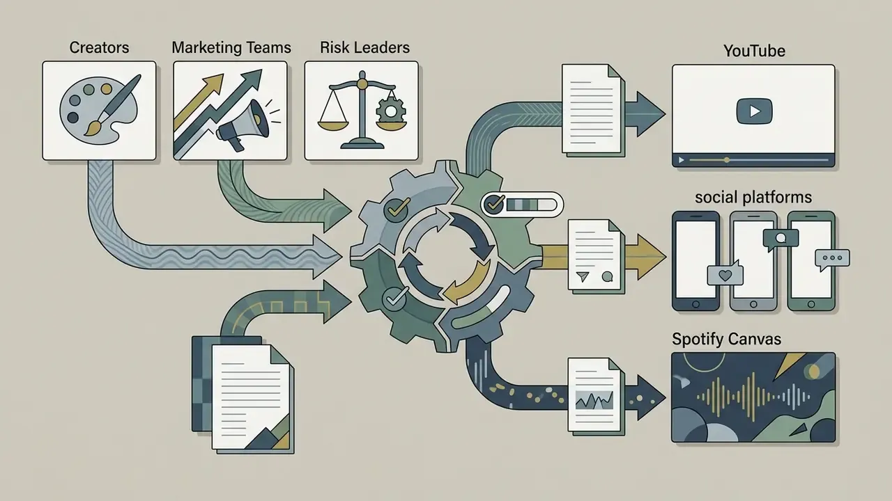 Stakeholders and documents feeding into a central gear system that outputs to video and streaming formats