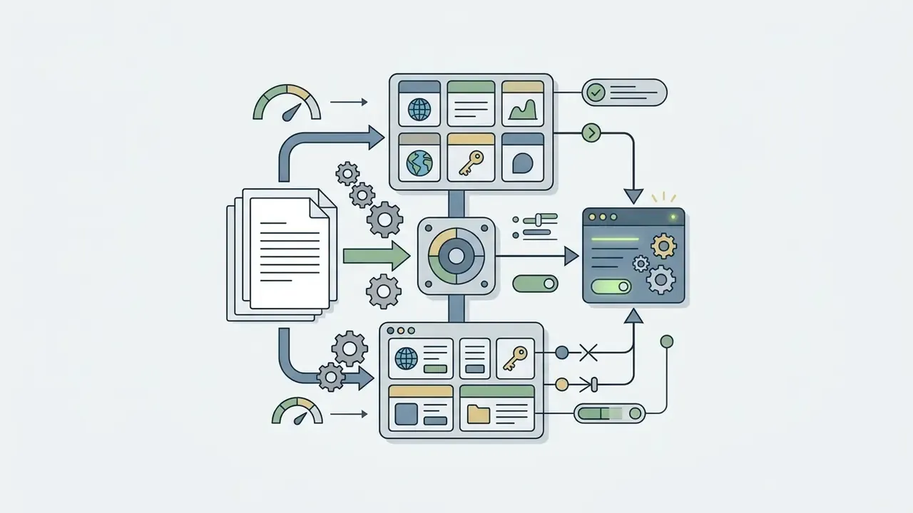 Document icons and gears feeding into a central hub that processes data through modular interface panels