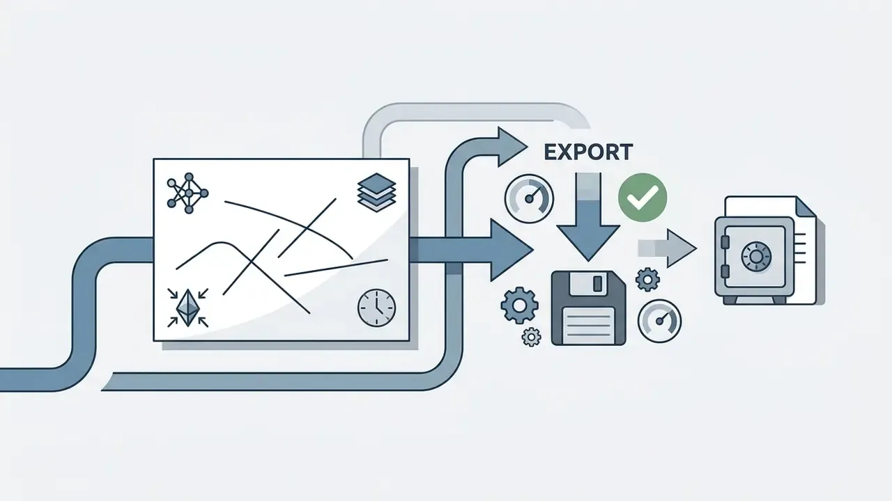Data flow lines connecting a central processing box to export icons, a floppy disk, and a secure file vault