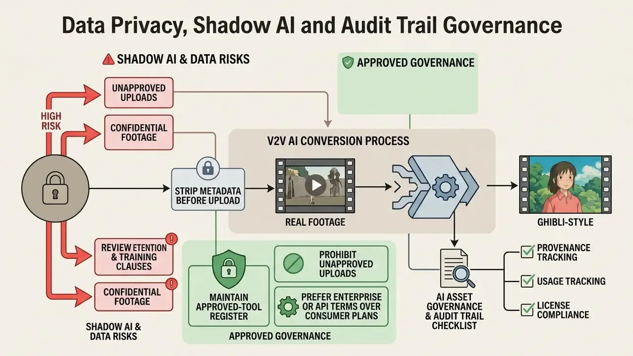 Process map showing risks and governance steps for converting video to Ghibli style animation