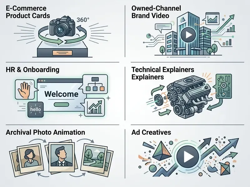 Grid of six icons representing enterprise applications for transforming static images into motion video