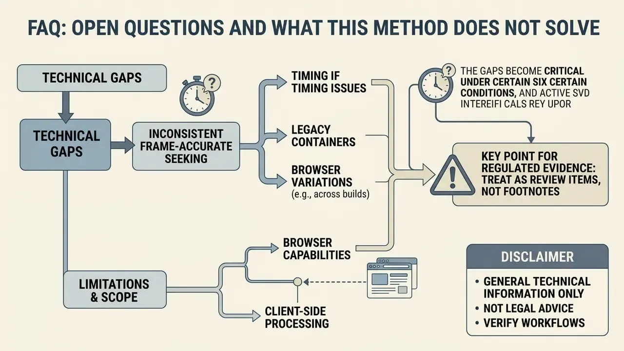 Flowchart mapping technical gaps, browser limitations, and review requirements for media workflows