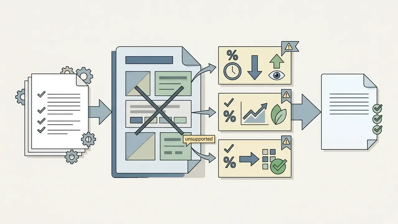 Document being processed through gears to flag unsupported data and finalize a validated report