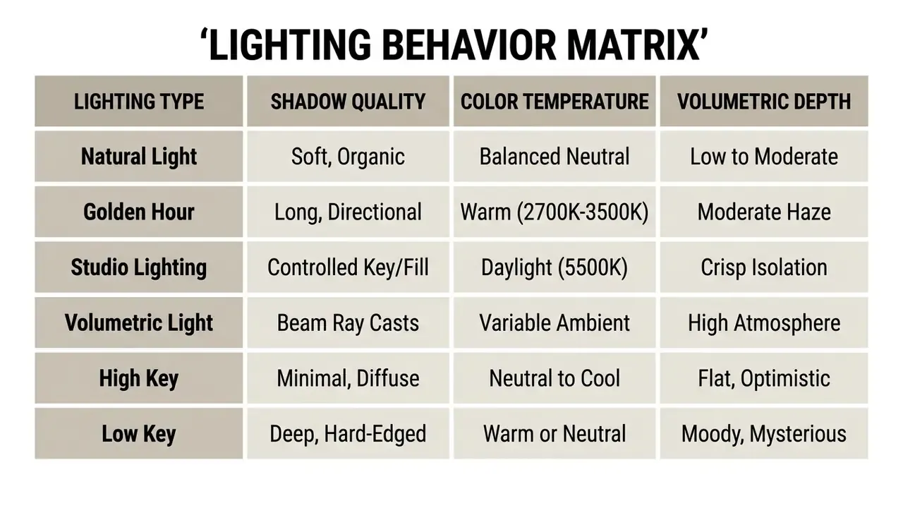 Table comparing shadow quality, color temperature, and volumetric depth across various lighting styles