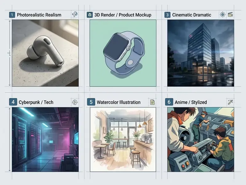 Grid of six distinct visual styles used by AI that can create images including realism and anime