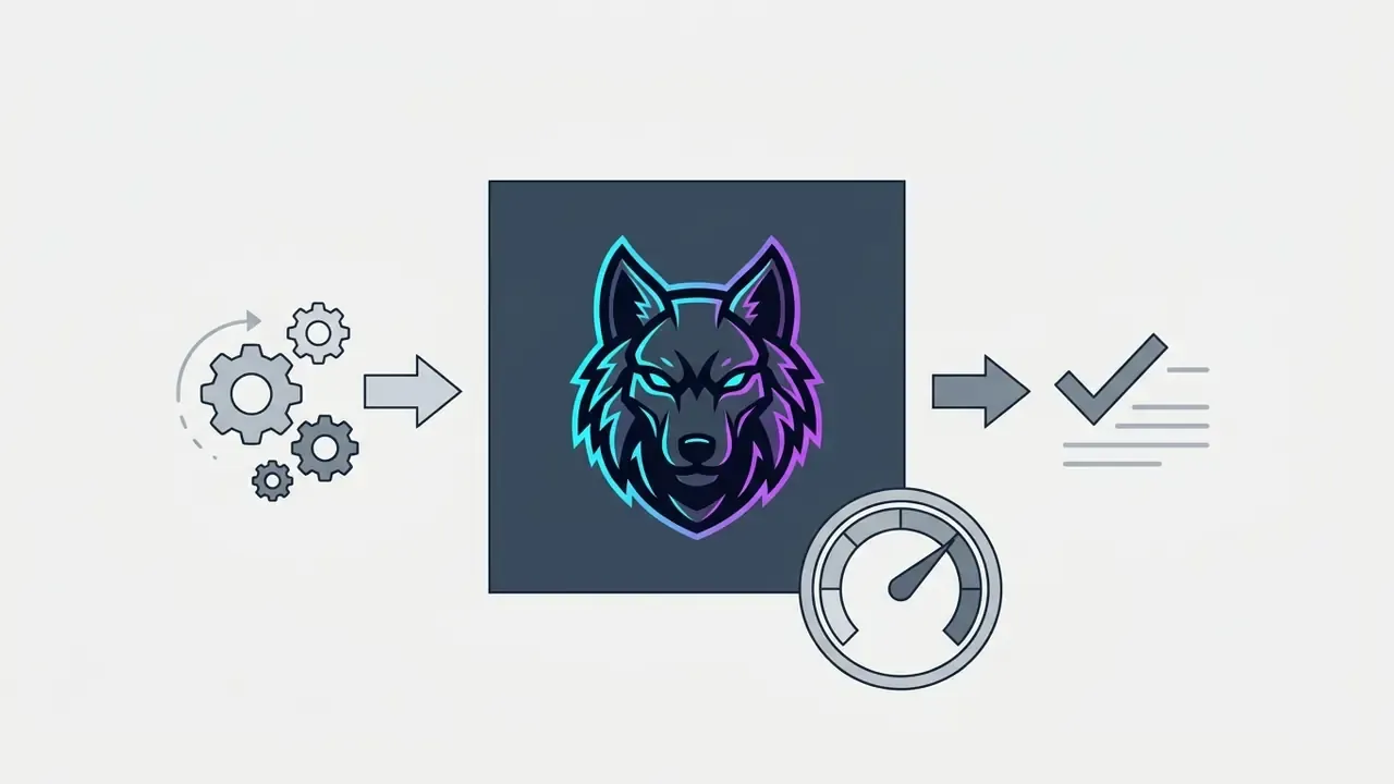 Mechanical wolf mascot icon moving from gear processing to a completed checkmark status