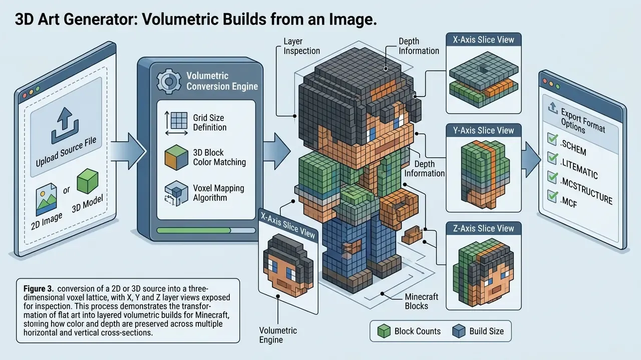Diagram showing 2D or 3D source files converted into a voxel lattice with X, Y and Z axis slice views
