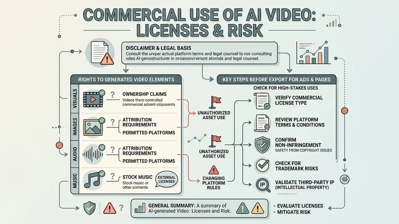 Infographic outlining legal considerations for video assets including ownership claims and export checklists
