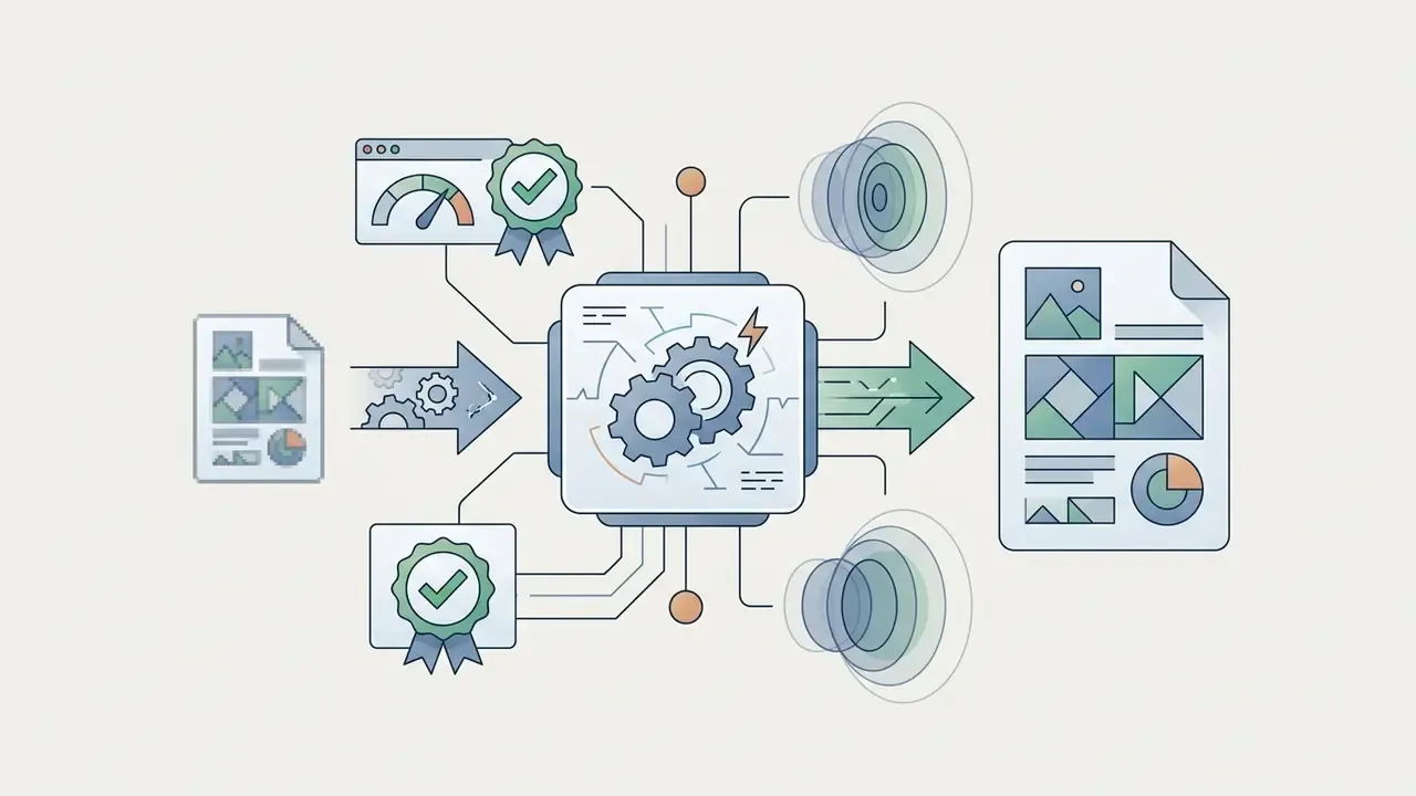 Central processor with gears connected to document icons, checkmark badges, and circular wave patterns