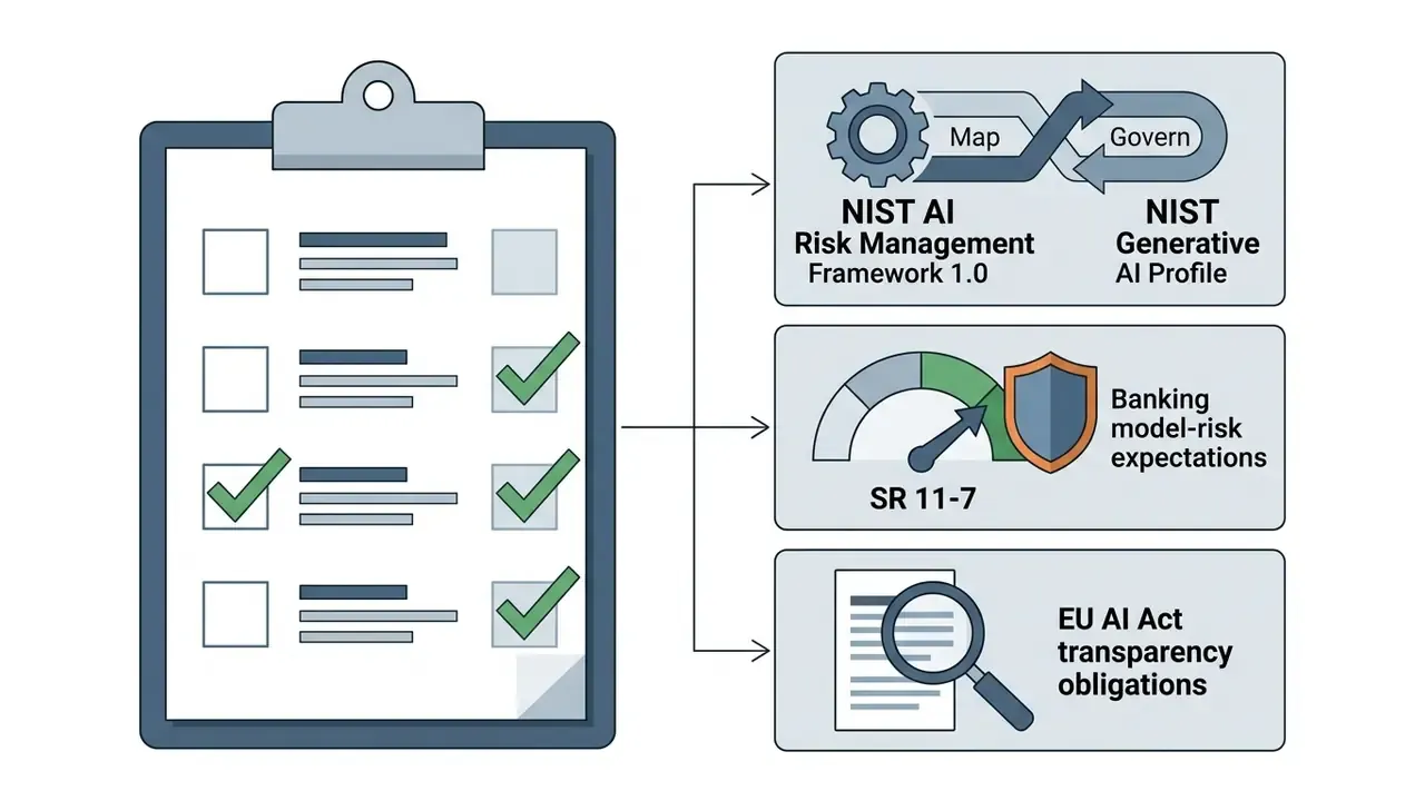 Checklist linked to NIST frameworks, banking model risk standards, and EU transparency requirements