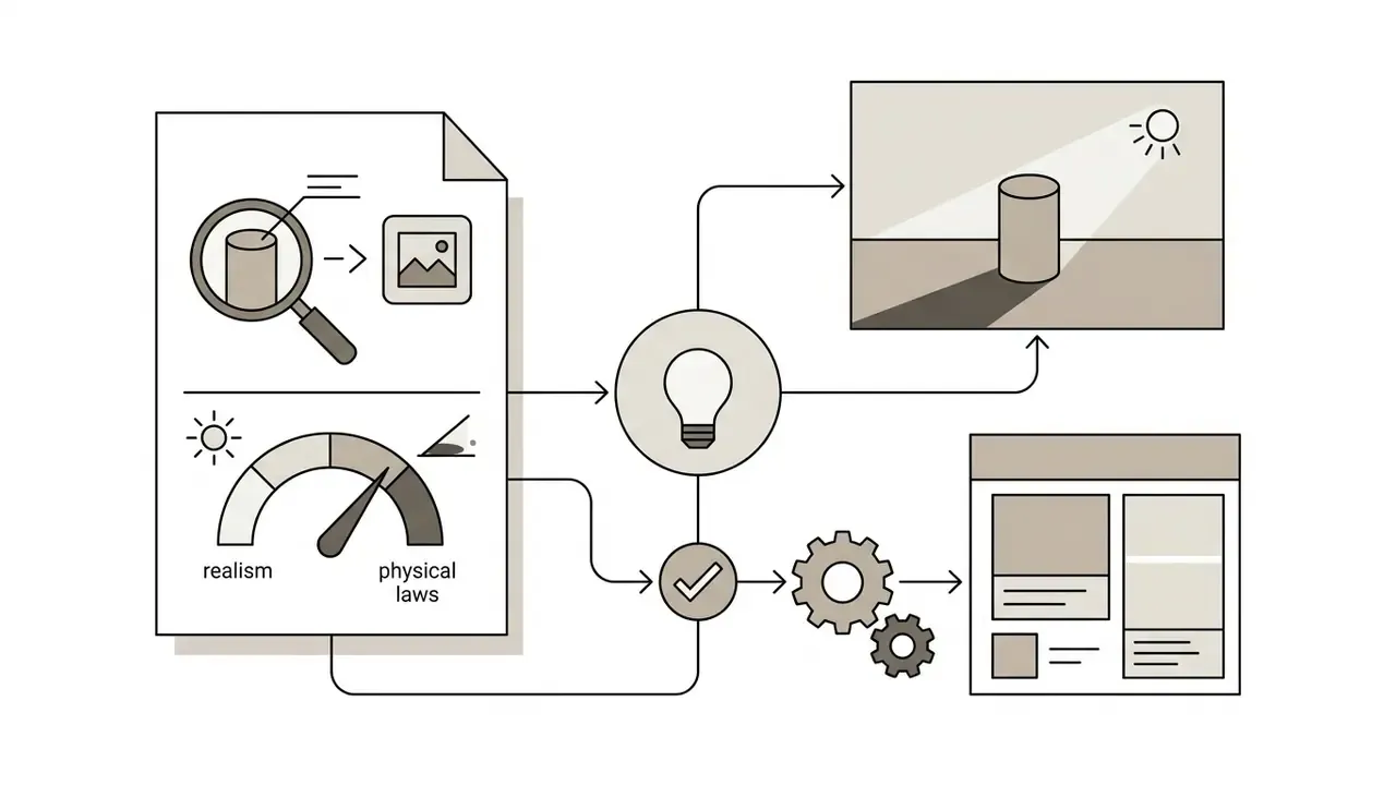 Document with a magnifying glass and realism gauge connecting to light source and shadow alignment steps