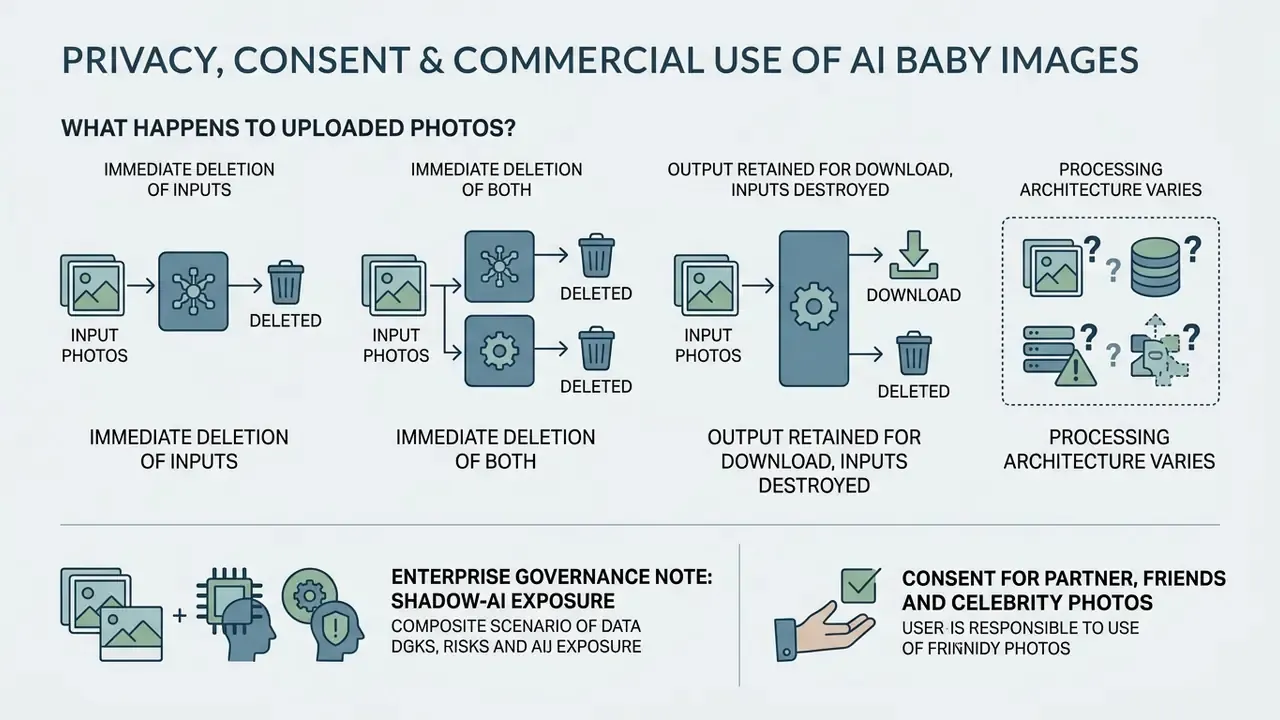 Diagram comparing data retention policies, shadow AI risks, and user consent for uploaded facial photos