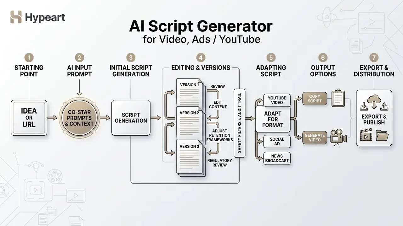 Step-by-step process flowchart for an AI script generator from initial idea to final export and publishing