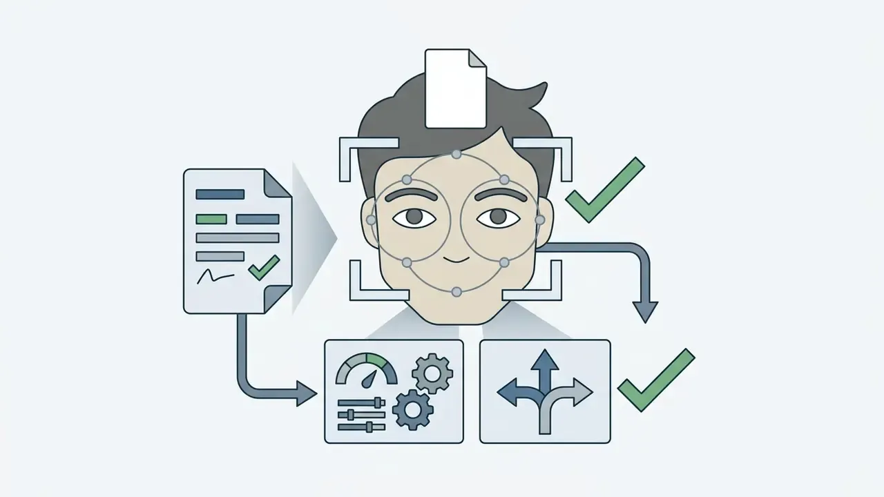 Human face with facial recognition markers linked to document processing and control settings