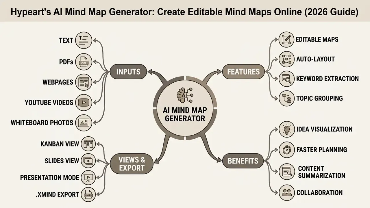 Mind map showing how an AI mind map generator organizes inputs, features, views, and benefits