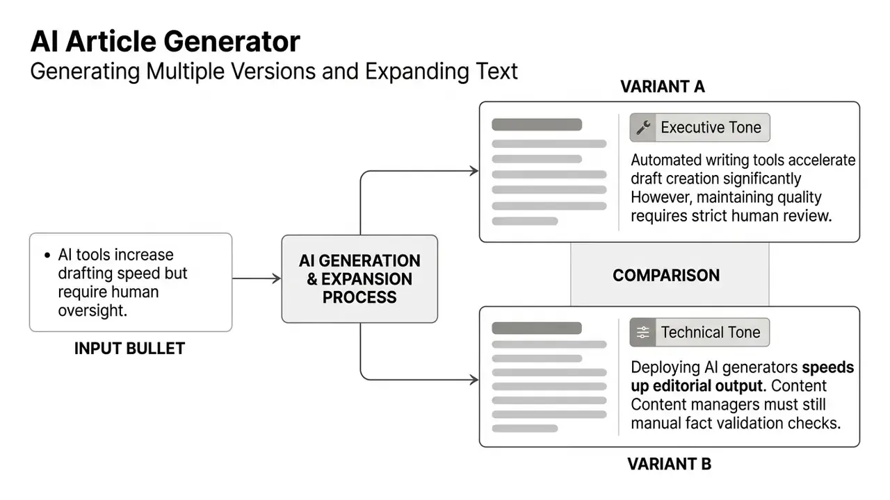 Flowchart showing an input bullet point expanding into two distinct text variants with different tones