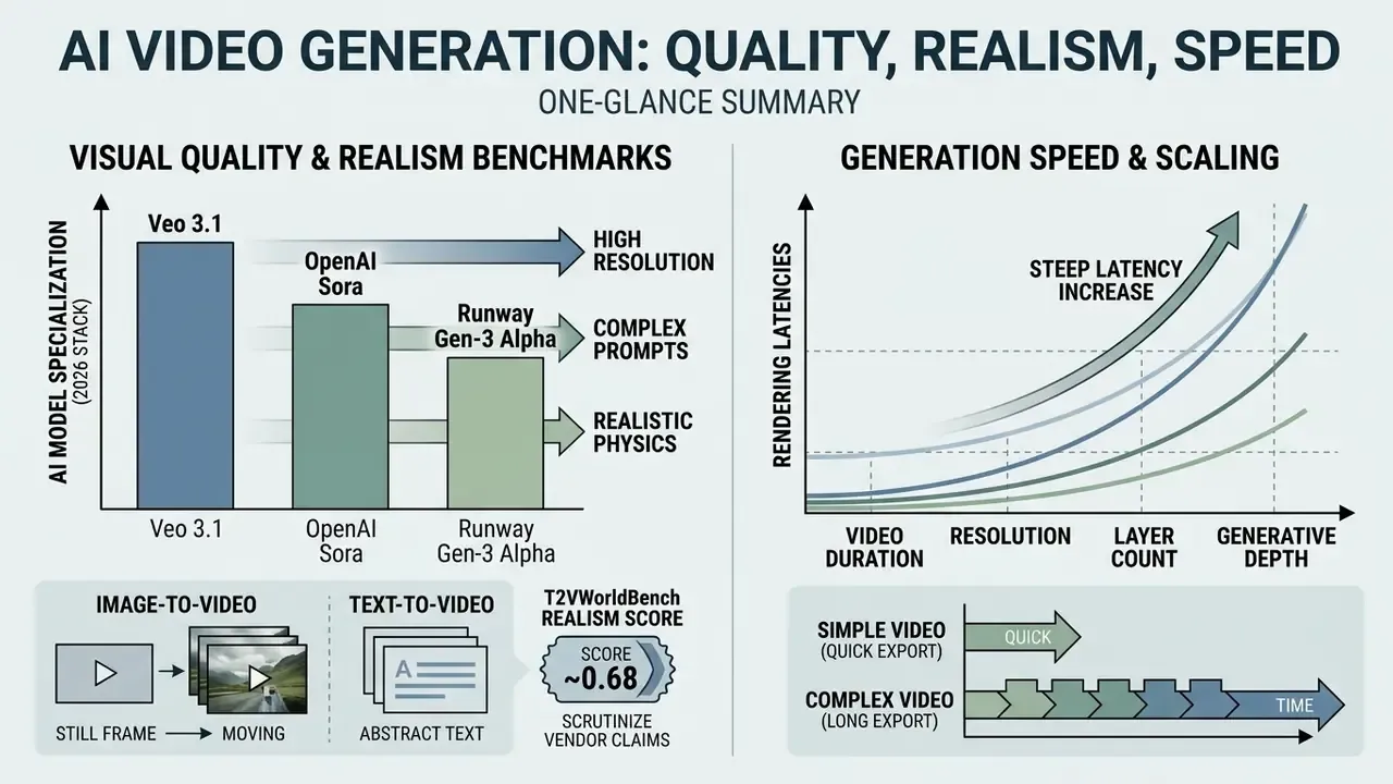 Bar chart comparing AI model benchmarks alongside a line graph showing video generation latency trends