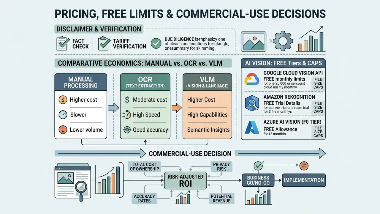 Comparison chart of manual processing, OCR, and VLM costs alongside free tier limits for AI vision APIs