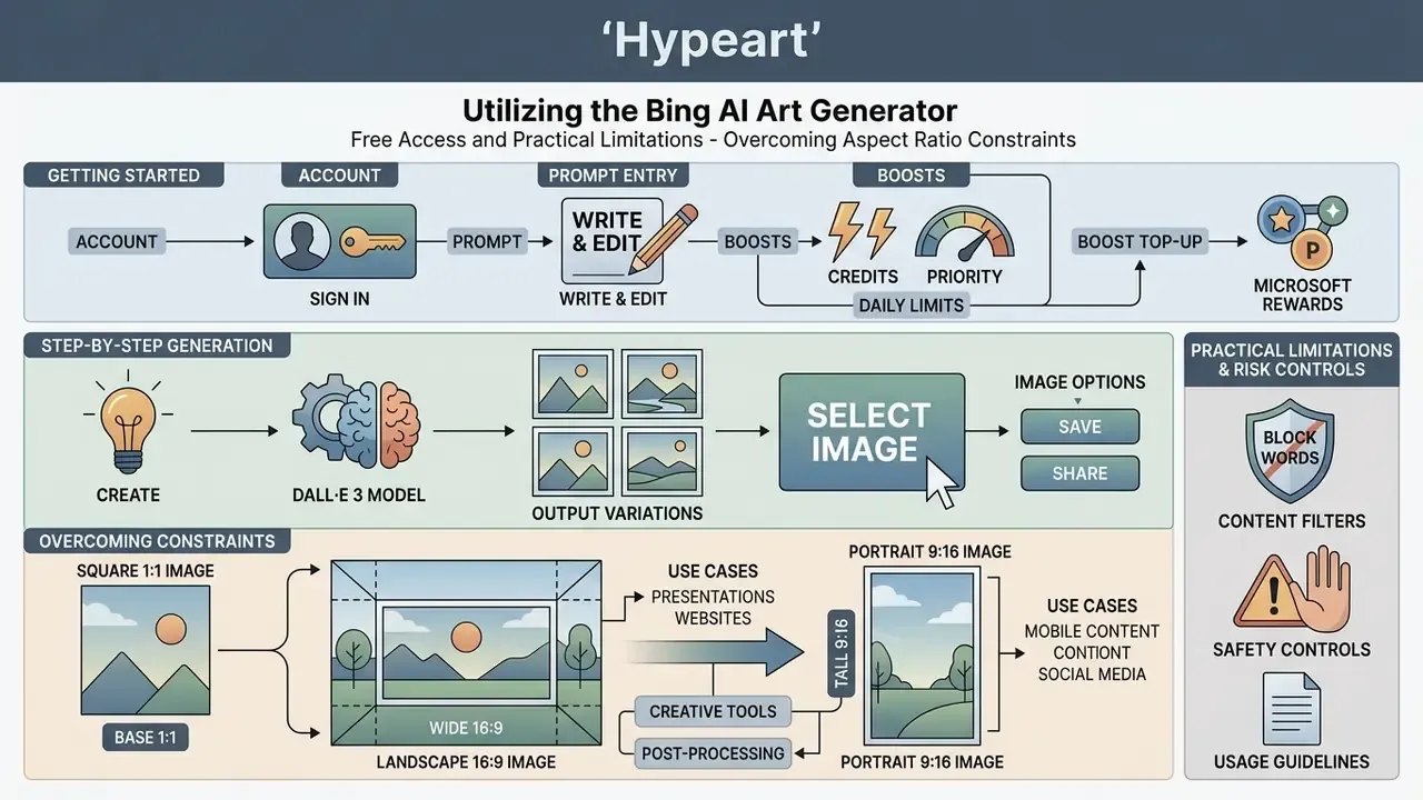 Process map detailing account setup, boost credits, image generation steps, and aspect ratio adjustments