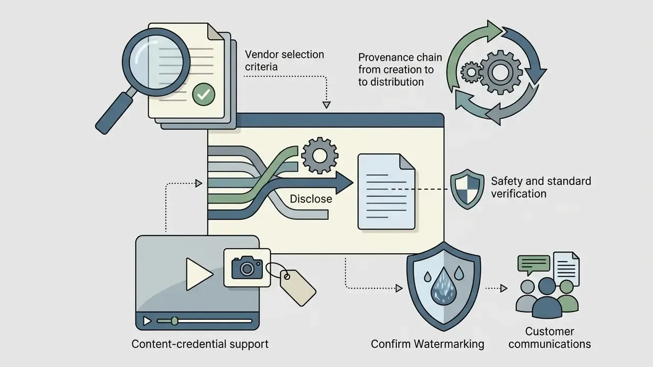 Magnifying glass over documents feeding into a gear-driven pipeline for provenance and watermarking