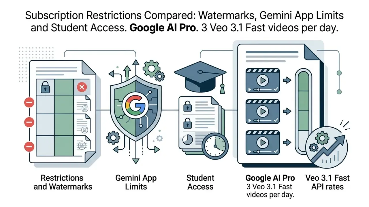Icons of documents, a shield with a Google logo, and a graduation cap illustrating subscription limits