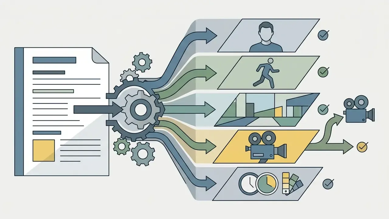 Document being processed through gears into five distinct layers representing prompt decomposition components