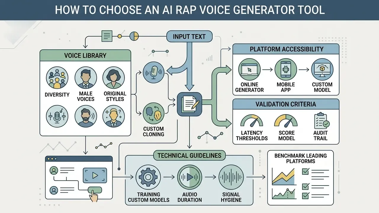 Diagram detailing voice library diversity, platform accessibility, and technical validation for AI rap tools