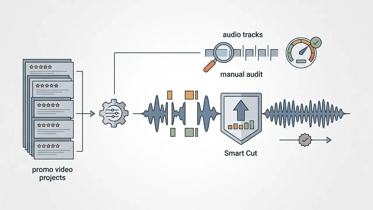 Process showing Smart Cut tool refining audio tracks from multiple promo video projects