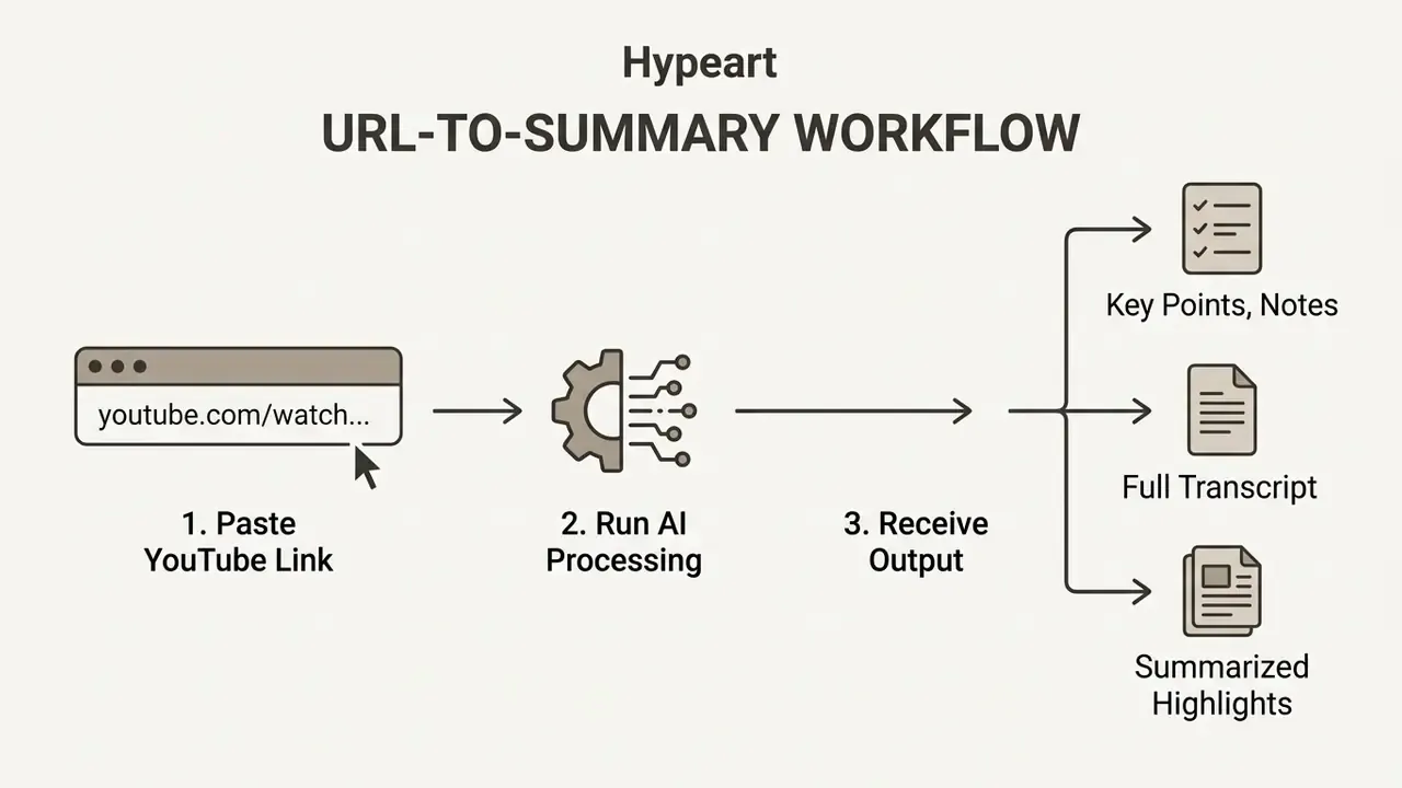 Steps for a YouTube video summarizer online free showing link input, AI processing, and final text output