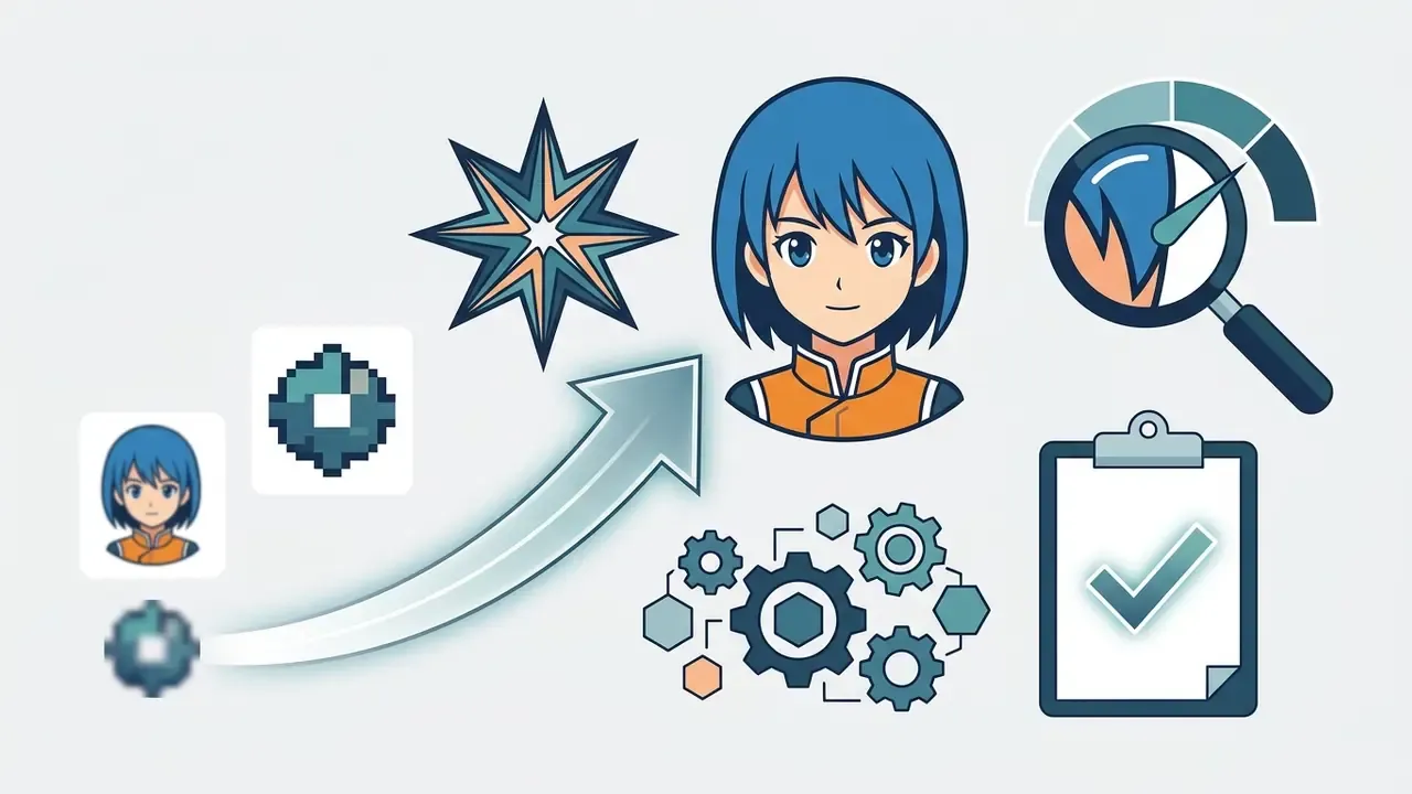 Pixelated anime character icon being processed through gears and a gauge to produce a clear high resolution image